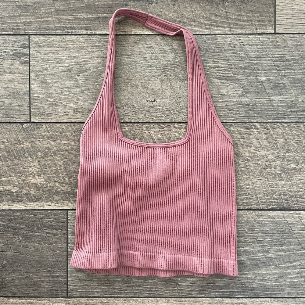 Pink ribbed halter crop top, size small, gently used, perfect for casual wear